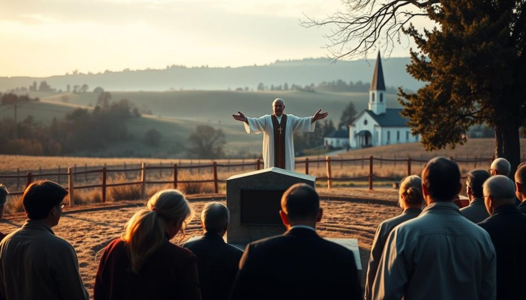 A solemn scene of a biblical memorial service for the fallen. In the foreground, a group of mourners gathered around a simple stone monument, their heads bowed in reverence. Soft, warm lighting casts a somber glow, accentuating the solemnity of the moment. In the middle ground, a priest stands, arms outstretched, leading a prayer for the departed. The background depicts a serene, pastoral landscape, with rolling hills and a distant church steeple, suggesting a timeless, sacred setting. The overall atmosphere evokes a sense of reverence, reflection, and the sanctity of remembrance for those who have passed. A solemn scene of a biblical memorial service for the fallen. In the foreground, a group of mourners gathered around a simple stone monument, their heads bowed in reverence. Soft, warm lighting casts a somber glow, accentuating the solemnity of the moment. In the middle ground, a priest stands, arms outstretched, leading a prayer for the departed. The background depicts a serene, pastoral landscape, with rolling hills and a distant church steeple, suggesting a timeless, sacred setting. The overall atmosphere evokes a sense of reverence, reflection, and the sanctity of remembrance for those who have passed.